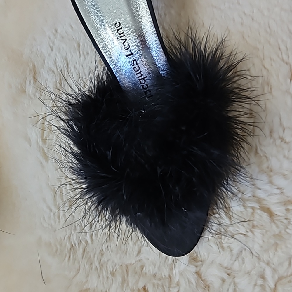 Vintage Jacques Levine Black Satin + Feather Mules - Picture 7 of 7